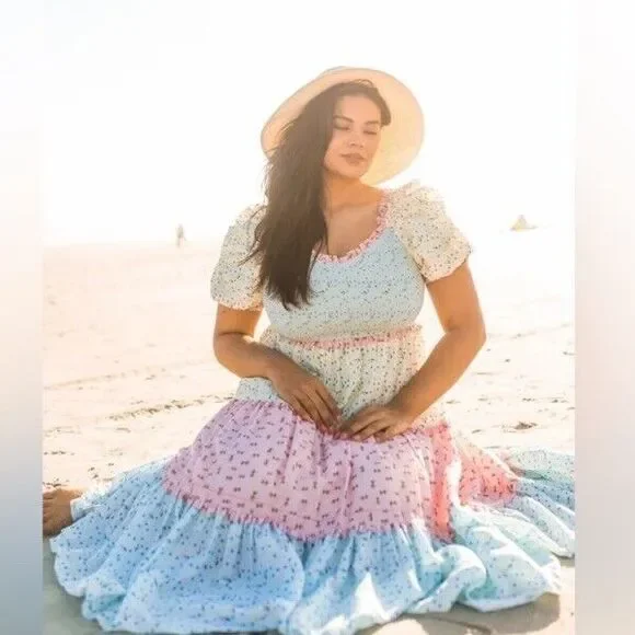 NEW IVY‎ CITY EMILY midi DRESS Tiered Ruffle Smocked Patchwork 5X CottageCore - Picture 3 of 16